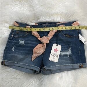 Vanilla Star Dark Blue Distressed Denim Shorts with Pink Bandana